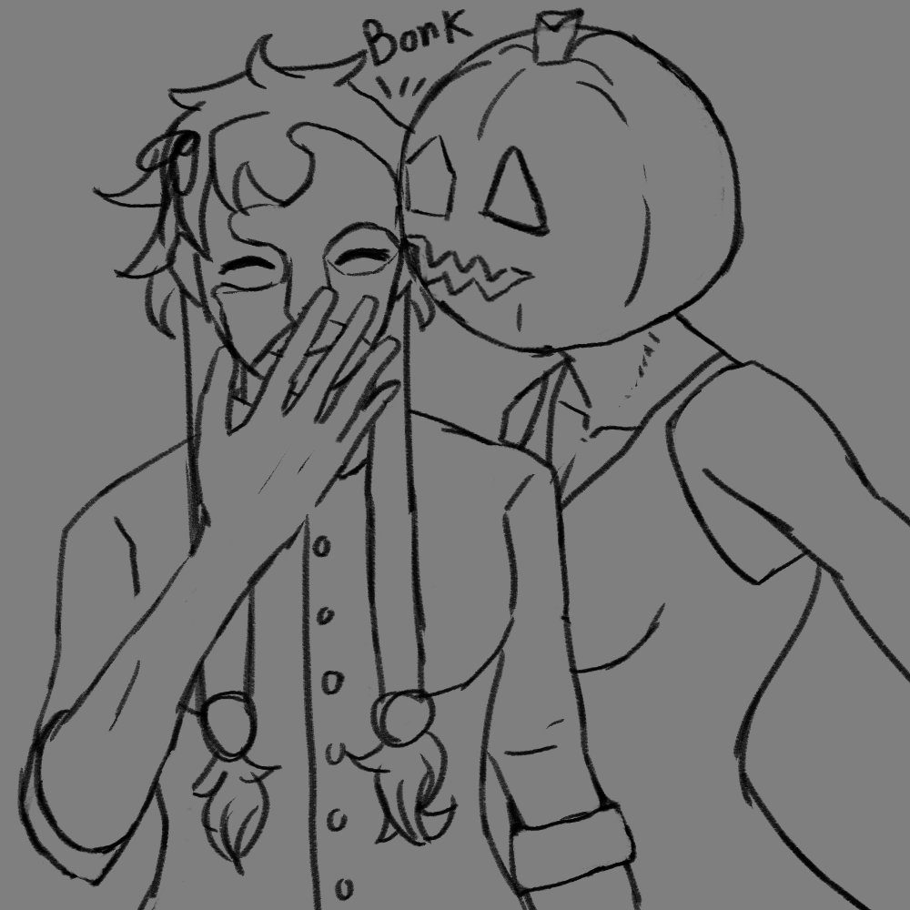 My OCs Leaf and Pomegranate attempting to kiss. Pomegranate's head is a pumpkin so she just bonks her head against Leaf's