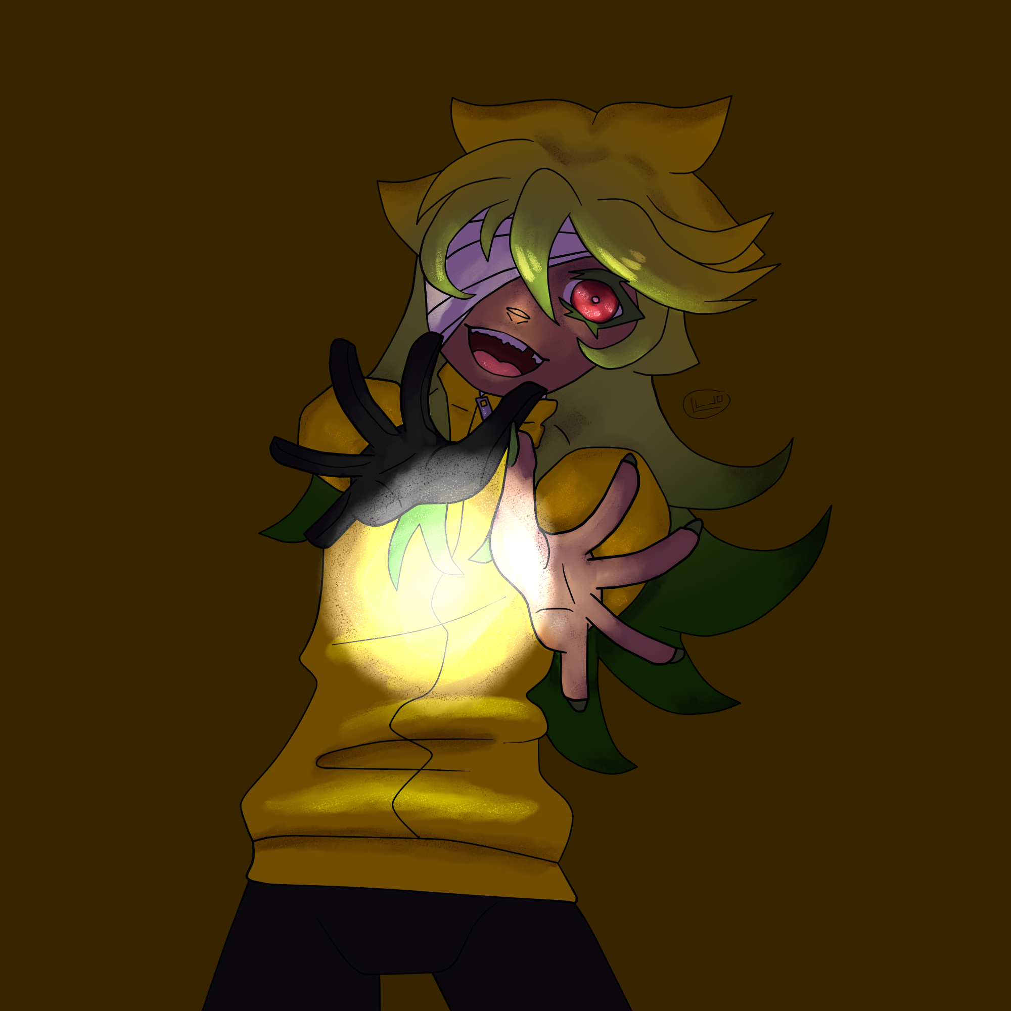 A drawing of Nico from Nanbaka aiming a ball of light at the viewer