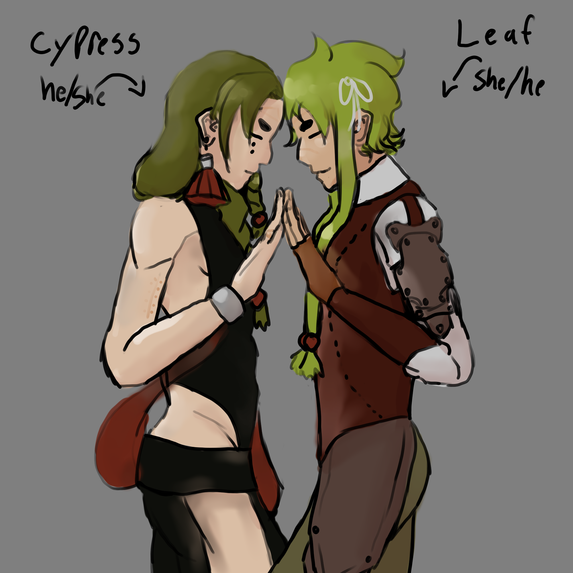A drawing of my OCs Leaf and Cypress Ahlgren. They are facing eachother and touching their foreheads and hands together.