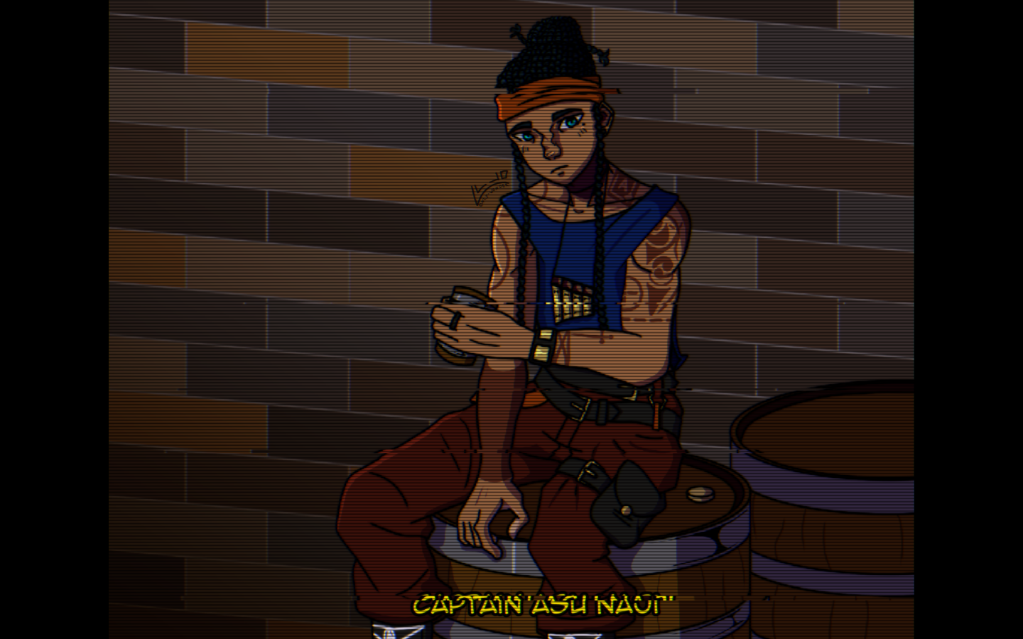 A drawing of Asu, a tan-skinned man with blue-black braids tied in a bun. He has tattoos on his arms and is holding a small wooden cup. He is sitting on a barrel with another barrel in the background. There is a yellow caption at the bottom that reads 'Captain Asu Naji'. The image appears to be a VHS screenshot, complete with black borders on the sides.